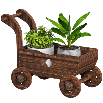 Outsunny Wagon Flower Planter Cart with Wheels, Garden Wagon with Handle for Outdoor Patio Yard, Carbonized