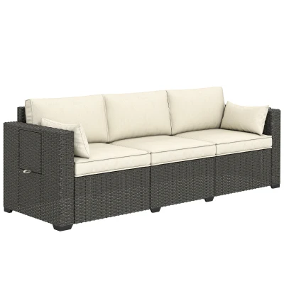 Outsunny 3 Seater Wicker Patio Sofa with Side Trays, Outdoor Couch with 6" Thick Back Cushions, Deep Seating, Cream White