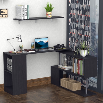HOMCOM 55" Corner Computer Desk, 360° Rotating L-Shaped Desk, Home Office Workstation with 3-Tier Shelves, Bookshelf, Black