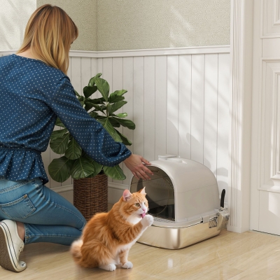 PawHut Enclosed Stainless Steel Litter Box, Metal Cat Litter Box with Scoop, Deodorizer Bag, Handle, Easy to Clean