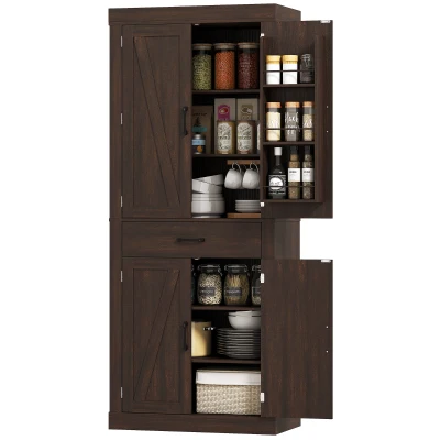 HOMCOM 72" Kitchen Pantry Cabinet, Farmhouse Kitchen Storage Cabinet with 4 Barn Doors, 6 Door Shelves, Drawer, Brown