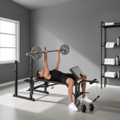 Soozier Weight Bench with Barbell Rack, Preacher Curl Bench, Leg Curl Machine for Home Weight Lifting Strength Training