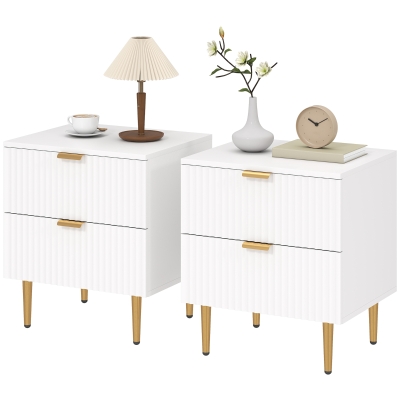 HOMCOM Bedside Table, Modern Nightstand with 2 Drawers, Side End Table with Metal Legs for Living Room, Bedroom, White