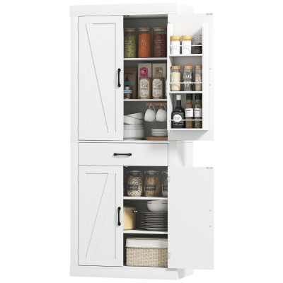 HOMCOM 72" Kitchen Pantry Cabinet, Farmhouse Kitchen Storage Cabinet with 4 Barn Doors, 6 Door Shelves, Drawer, White