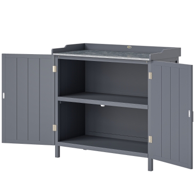 Outsunny Garden Storage Cabinet, Outdoor Potting Bench Table with Galvanized Top and Shelf, Tool Shed with Double Doors, Grey