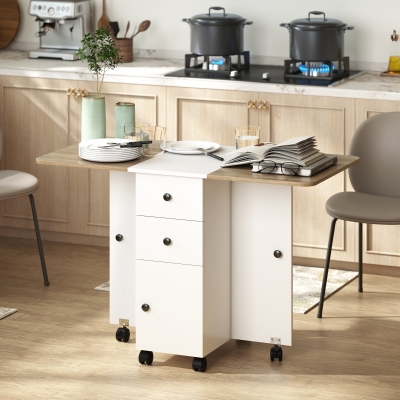 HOMCOM Drop Leaf Dining Table, Mobile Folding Table on Wheels with Drawers and Cabinet for Dining Room, Kitchen, White and Oak