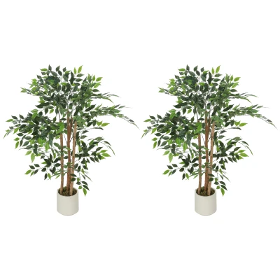 HOMCOM 4FT Artificial Banyan Tree Set of 2, Fake Potted Tree with Solid Wood Trunk and Pot for Indoor