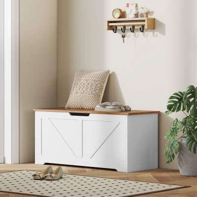 HOMCOM 39.4 Inches Storage Chest, Storage Trunk with 2 Safety Hinges for Living Room, Brown and White Wood Grain