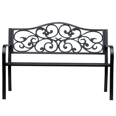 Outsunny Garden Bench Outdoor Loveseat with Vintage Floral Pattern Cast Metal, 50" x 23.6" x 35", Black