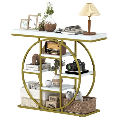 HOMCOM 39.4" Console Table with Storage Shelves, Industrial Sofa Table for Living Room, Hallway, White Marble Effect