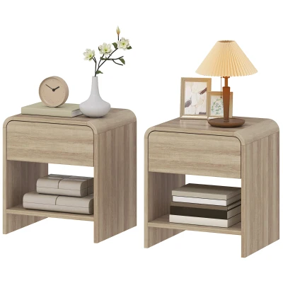 HOMCOM Nightstand Set of 2, Modern Bedside Table with Rounded Corners, Nightstand with Drawer and Open Shelf, Natural Wood