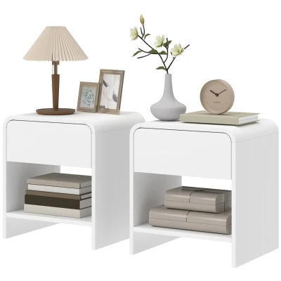 HOMCOM Nightstand Set of 2, Modern Bedside Table with Rounded Corners, Nightstand with Drawer and Open Shelf, Distressed White