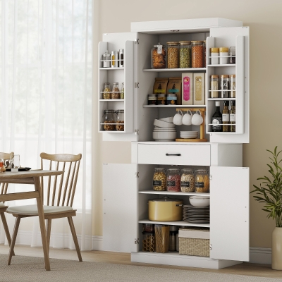 HOMCOM 72" Kitchen Pantry Cabinet, Farmhouse Kitchen Storage Cabinet with 4 Barn Doors, 6 Door Shelves, Drawer, White