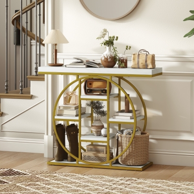 HOMCOM 39.4" Console Table with Storage Shelves, Industrial Sofa Table for Living Room, Hallway, White Marble Effect