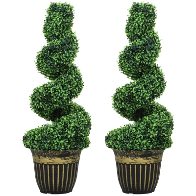 HOMCOM Set of 2 Artificial Plants, Topiary Spiral Boxwood Trees with Pot, for Home Indoor Outdoor Decor, 90cm