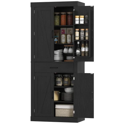 HOMCOM 72" Kitchen Pantry Cabinet, Farmhouse Kitchen Storage Cabinet with 4 Barn Doors, 6 Door Shelves, Drawer, Black