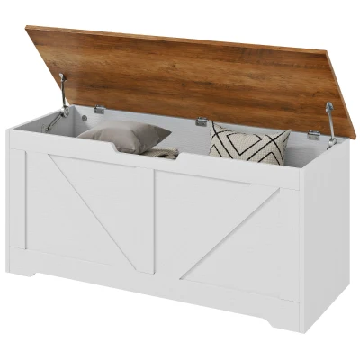 HOMCOM 39.4 Inches Storage Chest, Storage Trunk with 2 Safety Hinges for Living Room, Brown and White Wood Grain