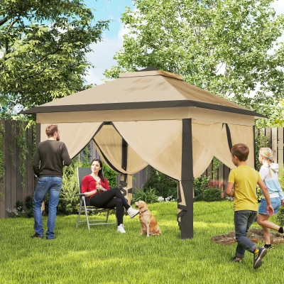 Outsunny 11' Pop Up Canopy Tent with Netting, Outdoor Shelter, Beige