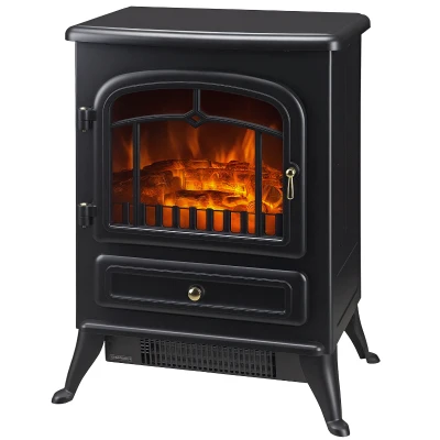 HOMCOM 16" Freestanding Electric Fireplace Heater Fire Stove with Wood Burning Flame 750/1500W Black