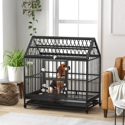 PawHut 49" Heavy Duty Dog Crate with Removable Tray, Doors, Openable Roof, for Large and Extra Large Dogs, Black