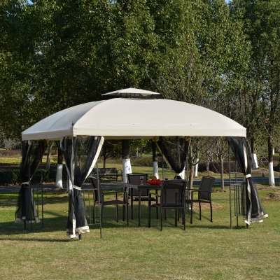 Outsunny 12' x 10' Outdoor Patio Gazebo Canopy with Double Tier Roof, Removable Mesh Sidewalls, Triangular Display Shelves, Beige