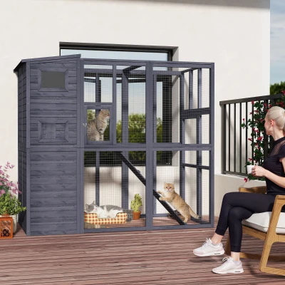 PawHut Wooden Outdoor Catio, Gray with Ramps & Platforms