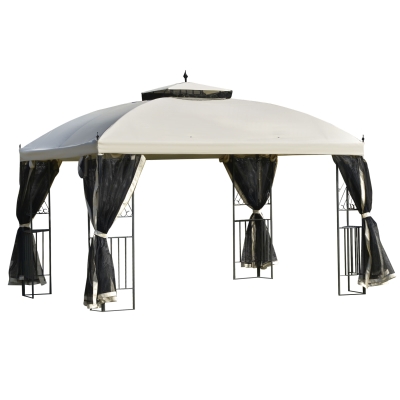 Outsunny 12' x 10' Outdoor Patio Gazebo Canopy with Double Tier Roof, Removable Mesh Sidewalls, Triangular Display Shelves, Beige