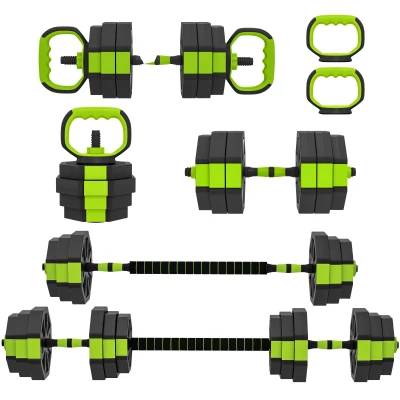 Soozier 4-in-1 Adjustable Dumbbell Set, Used as Kettlebell, Barbell, Dumbbell, Push-Up Stand, 66lbs Free Weights Set, Green