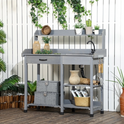 Outsunny Potting Bench Table Garden Work Bench Workstation with Drawer, Removable Sink and Hooks, 45.3" x 17.7" x 48.4", Grey
