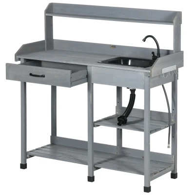 Outsunny Potting Bench Table Garden Work Bench Workstation with Drawer, Removable Sink and Hooks, 45.3" x 17.7" x 48.4", Grey