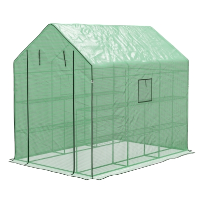 Outsunny Walk-in Greenhouse with 3 Tier, Garden Plant Growhouse with Roll-up Door and Mesh Windows, 140 x 213 x 190 cm, Green