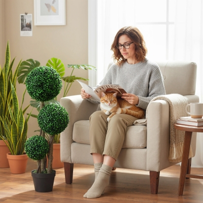 HOMCOM 35 Inch Potted Fake Plant Set of 2, Artificial Boxwood Topiary Tree, Triple Ball Tree for Indoor and Outdoor, Green