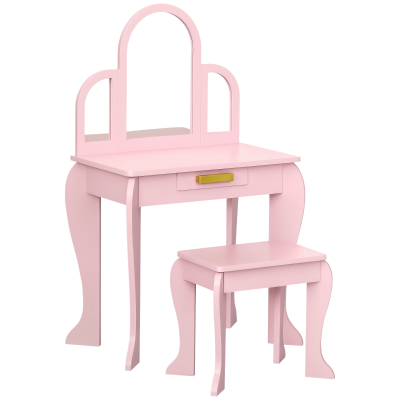 Qaba Kids Dressing Table and Chair Set, Girls Dressing Set, Makeup Desk with Drawer for 3-6 Years Old Kids, Pink