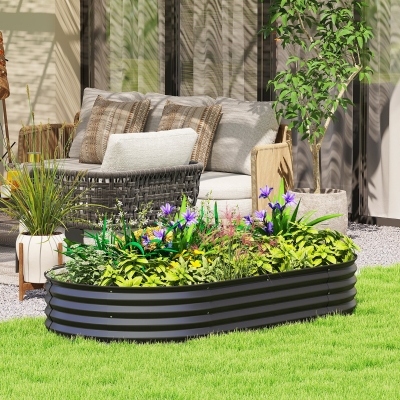 Outsunny 6' x 3' x 1' Large Outdoor Planter Box, Galvanized Raised Garden Bed with Metal Plant Stake, Black