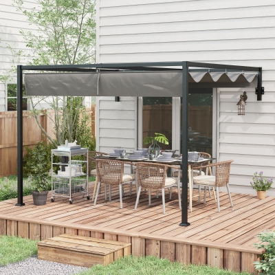Outsunny 10' x 7' Lean To Pergola, Metal Pergola with Retractable Roof for Grill, Garden, Patio, Deck