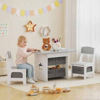 Qaba 3 Piece Kids Table and Chair Set with 6 Removable Drawers, for Classroom, Living Room, Bedroom, Nursery, Light Grey