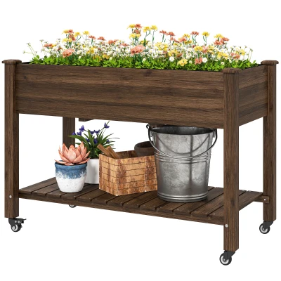 Outsunny Mobile Raised Garden Bed Elevated Wood Planter Box with Lockable Wheels, Storage Shelf for Herbs Vegetables, Carbonized