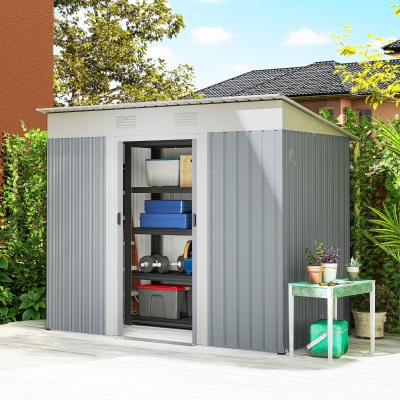Outsunny 7' x 4' Outdoor Storage Shed, Metal Garden Shed with Lockable Sliding Doors and Vents, Grey