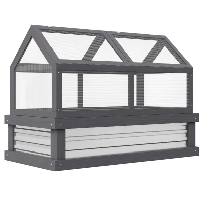 Outsunny Raised Garden Flower Bed Kit with Greenhouse, Wooden Cold Frame Planter, 48" x 24" x 32", Grey