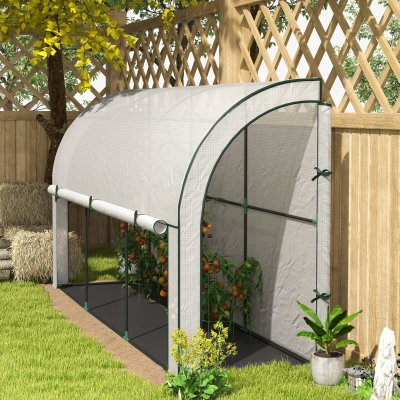 Outsunny Walk-in Lean-to Greenhouse, Outdoor Gardening Green House with Zipper Roll-up Doors and Window, 10' x 3' x 5', White