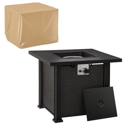 Outsunny 30 Inch Outdoor Gas Fire Pit Table, 50000 BTU Wicker Auto Ignition Propane Fire Table with Lid, Lava Rocks and Cover, CSA Certification for Patio