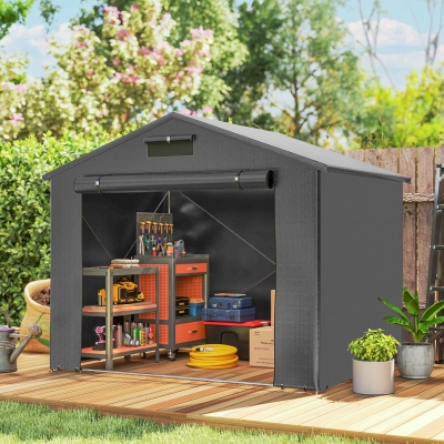Outsunny 8' x 6' Portable Shed, Waterproof Bike Tent with Roll-up Zipper Door, Vent and Galvanised Metal Frame, Dark Grey