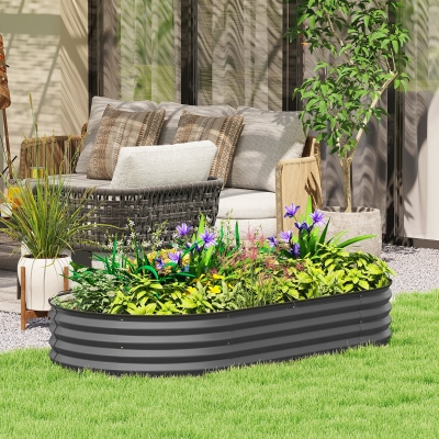 Outsunny 6' x 3' x 1' Large Outdoor Planter Box, Galvanized Raised Garden Bed with Metal Plant Stake, Dark Grey