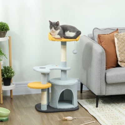 PawHut Cat Tree for Indoor Cats, 31.5 inch Cat Tower with Plush Perch, Platform, Condo, Scratching Post and Toy Ball, Blue