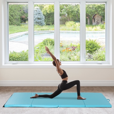 Soozier 4'x8'x2" Folding Gymnastics Tumbling Mat, Exercise Mat with Carrying Handles for Yoga, MMA, Martial Arts, Stretching, Core Workouts, Light Blue