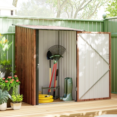 Outsunny 3.3' x 3.4' Lean-to Garden Storage Shed, Outdoor Galvanized Steel Tool House with Lockable Door for Patio, Teak