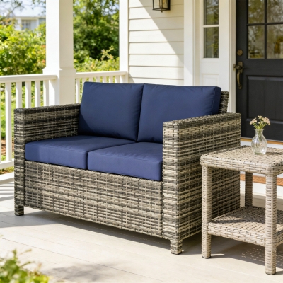 Outsunny Wicker Outdoor Sofa, All Weather Patio Couch Loveseat with Cushions for Balcony, Deck, Garden, Poolside, Dark Blue