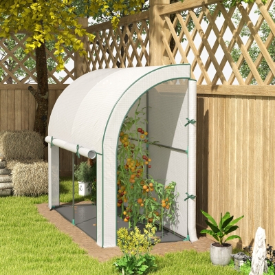 Outsunny Walk-in Lean-to Greenhouse, Outdoor Gardening Green House with Zipper Roll-up Doors and Window, 7' x 3' x 5', White