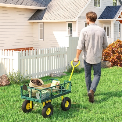 Outsunny Garden Cart, Utility Wagon Cart with Removable Sides, Convert into Flatbed, 10" Wheels, 180° Rotating Handle, Green