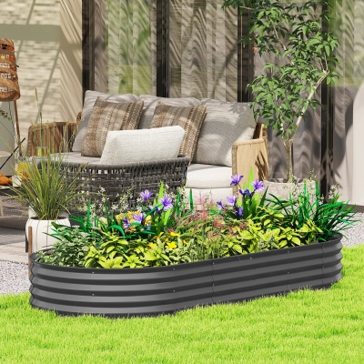 Outsunny 7' x 3' x 1' Large Outdoor Planter Box, Galvanized Raised Garden Bed with Metal Plant Stake, Dark Grey